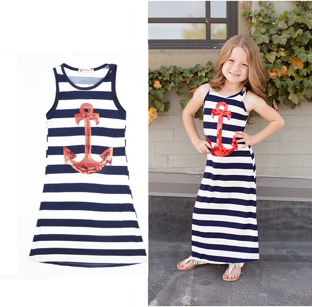 

2016 Parent-child Family Dress Baby girls Blue and white stripes boat anchor dress Girls baby outfit vest beach dress Free Shipping, As photo