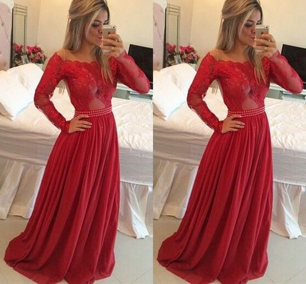 Robes de bal rouge à manches longues Encolure A dentelle ligne Appliqués Top Jupe en mousseline de soie avec perle taille cocktail formelle robes