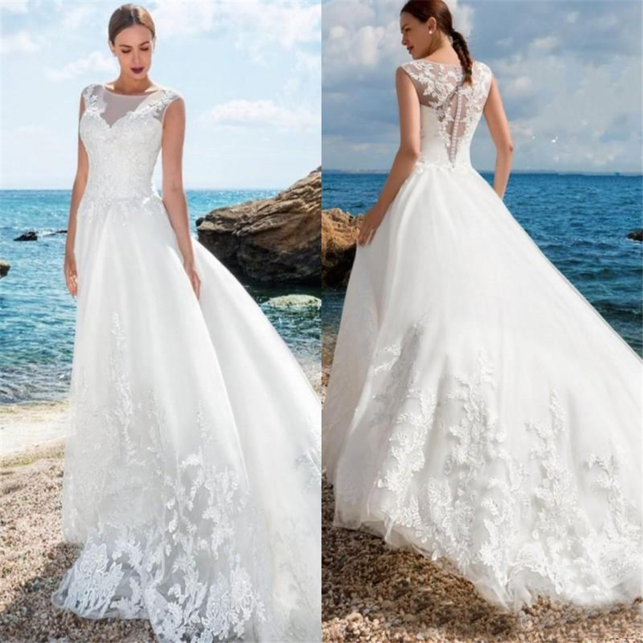 

Summer Beach Vintage Long Bridal Gowns Bohemian Elegant Lace Sheer Jewel Neck Beach Wedding Dresses Vestidos De Novia Para Playa