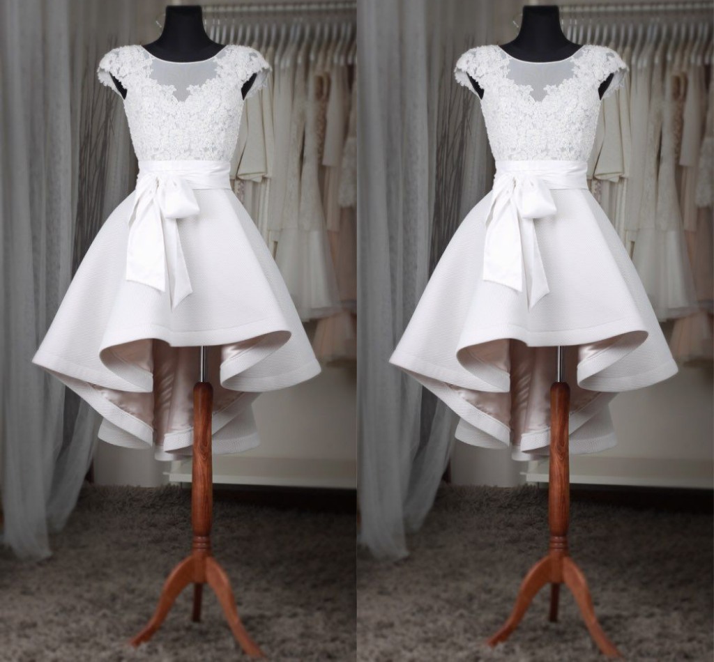 

White Short Homecoming Dresses Sheer Neck Cap Sleeves Appliques Lace Satin Custom Made High Low Prom Dresses Fast Shipping, Water melon