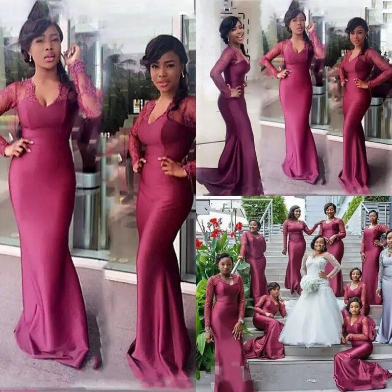 

South African Long Bridesmaid Dresses For Wedding Lace Long Sleeve Mermaid Maid Of Honor Gowns Floor Length Wedding Guest Dress