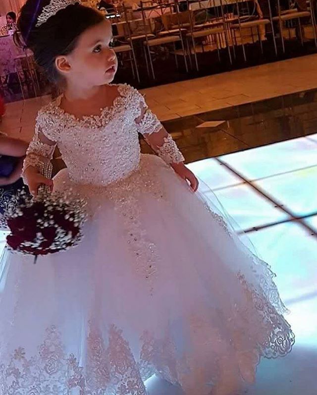 

White Ball Gown Princess Flower Girls's Dresses Long Sleeve Lace Appliques with Beaded Little Girls Wedding Party Dresses, Orange
