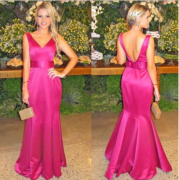 Simple Cheap 2016 Long Bridesmaid Dresses V Neck Satin Fuchsia Bow Mermaid Maid of Honor Floor Length Plus Size Bridal Wedding Party Gowns