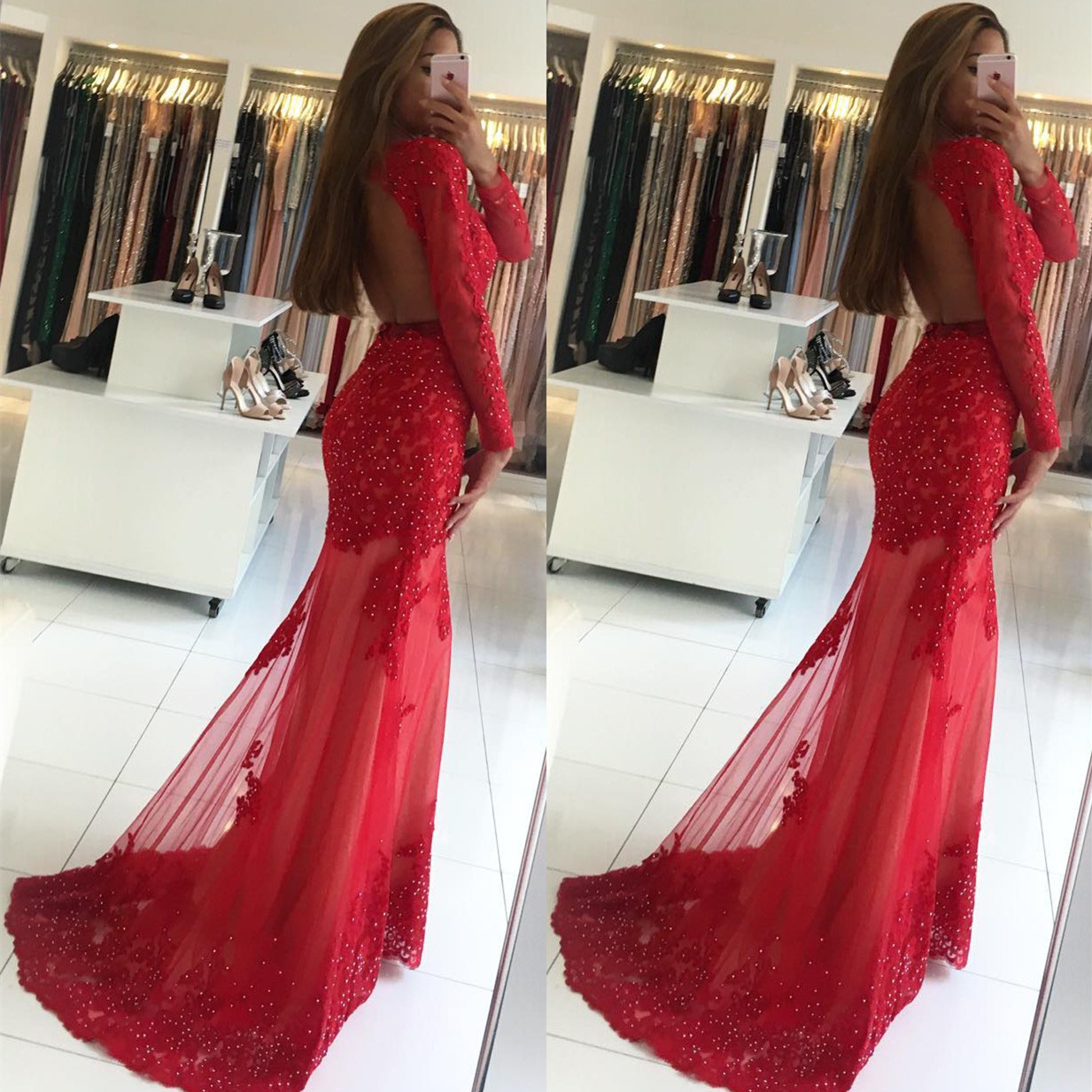 

Modest Red Backless Prom Dresses Mermaid 2018 Long Sleeves Lace Formal Evening Dress Vestido De Festa Celebrity Gowns, Green
