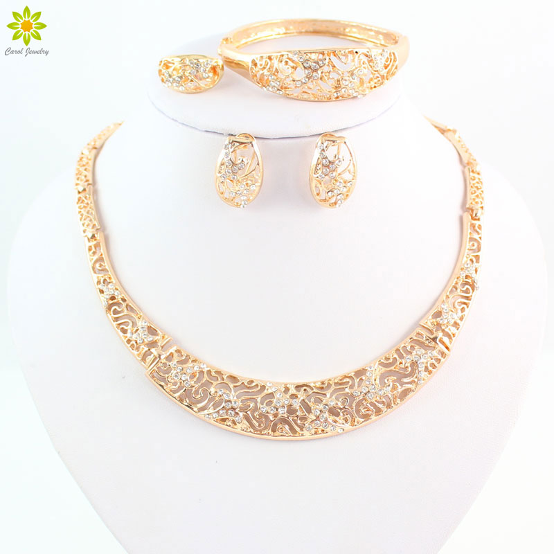 

Fine Jewelry Set For Women Fashion Crystal Wedding Gold Plated Hollow Necklace Earrings Bracelet Rings Sets Costume Accessories