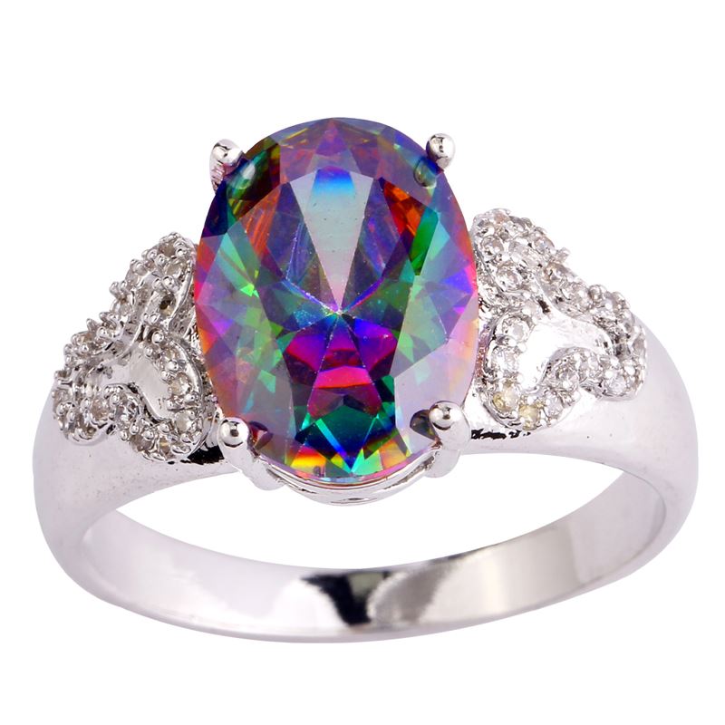 

Oval Cut Handmade 925 Jewelry Fashion MultiColor Rainbow Topaz Silver Ring Size 6 7 8 9 10 11 12 Free Shipping