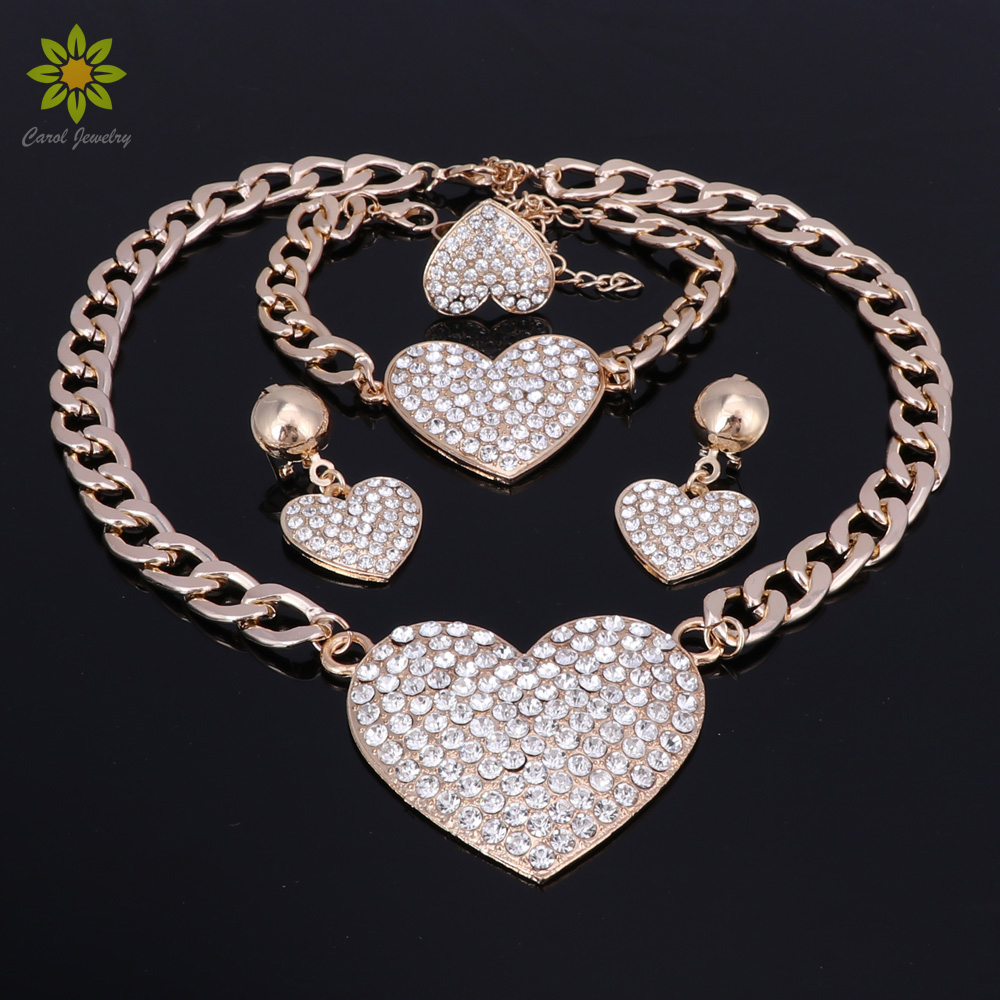 

Wedding Jewelry Sets Crystal Heart Pendant Fashion Bridal African Gold Plated Necklace Earrings Bracelet Women Sets Jewelry