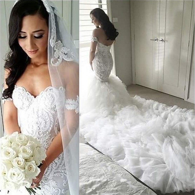 

2019 New Style Gorgeous Organza Wedding Dresses Full Lace Appliques Sweetheart Ruffles Chapel Train Plus Size Mermaid Bridal Gowns Arabic, Champagne
