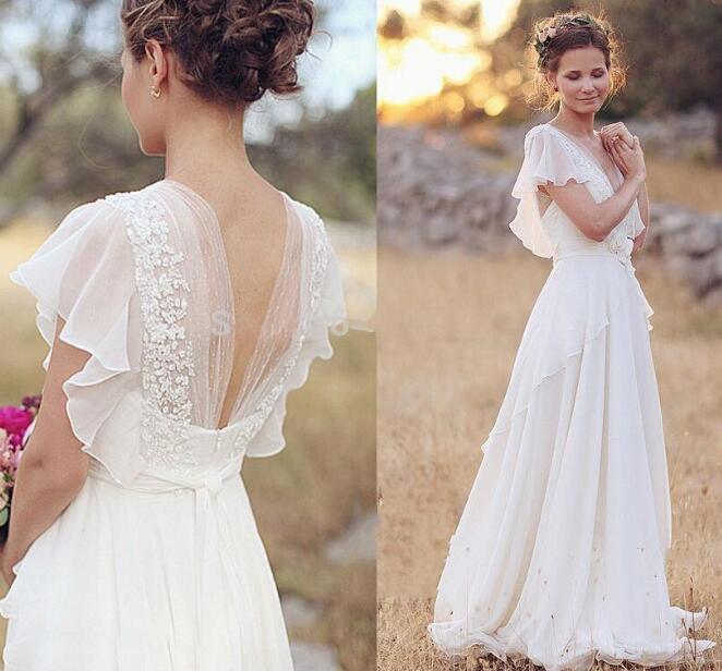 

2020 Country Bohemia A Line Wedding Dresses V Neck Short Sleeves Chiffon Summer Beach Wedding Gowns Floor Length Boho Custom Bridal Dress, Ivory