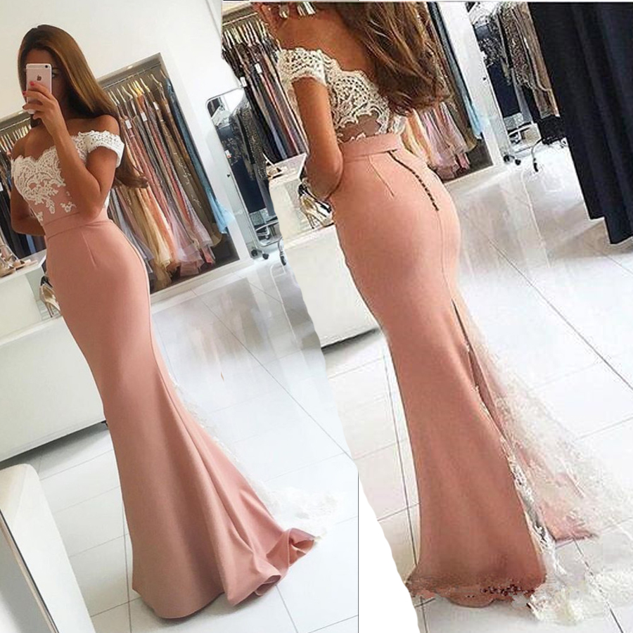 

Off-the-shoulder Lace-Appliques Long Modern Mermaid Prom Dress Dark Pink Chiffon Sexy Evening Dress modest prom Gowns with sleeves, Yellow