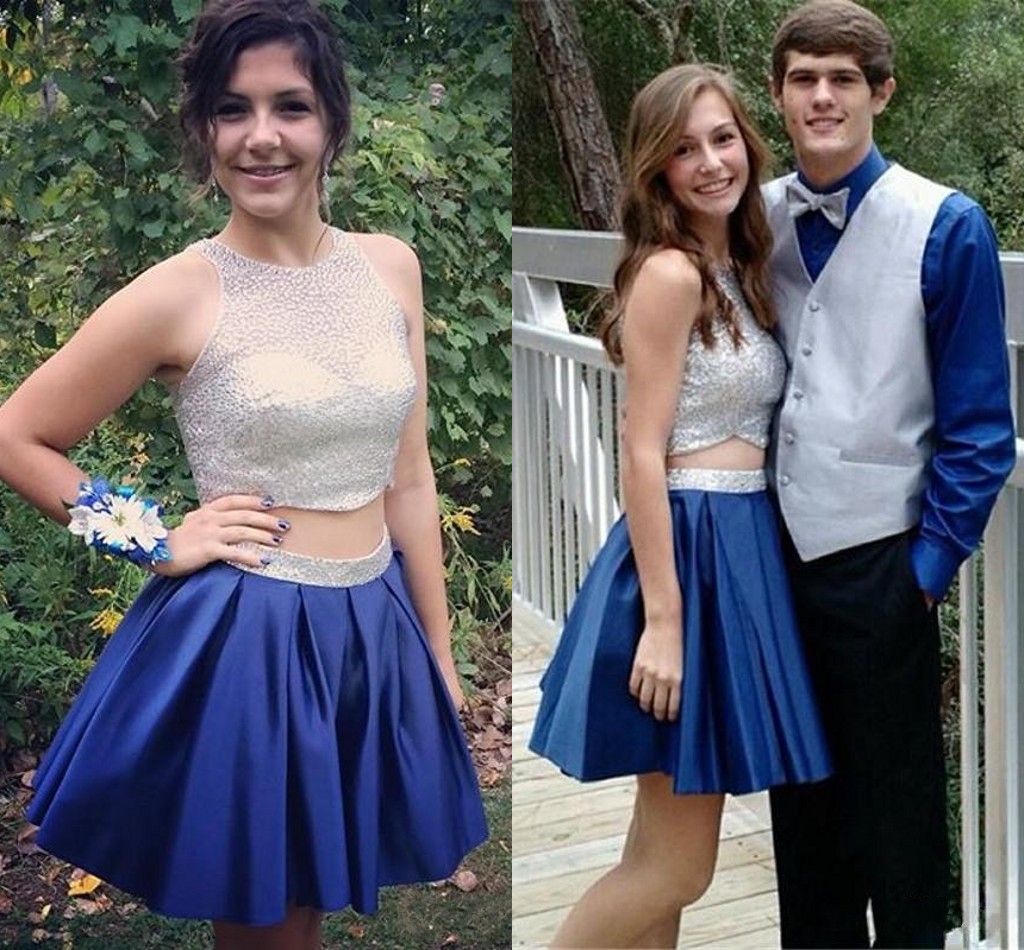 

2017 Royal Blue Short Homecoming Dresses Sequins Satin Sleeveless 2 Piece Short Party Dresses Prom Dresses, Brown