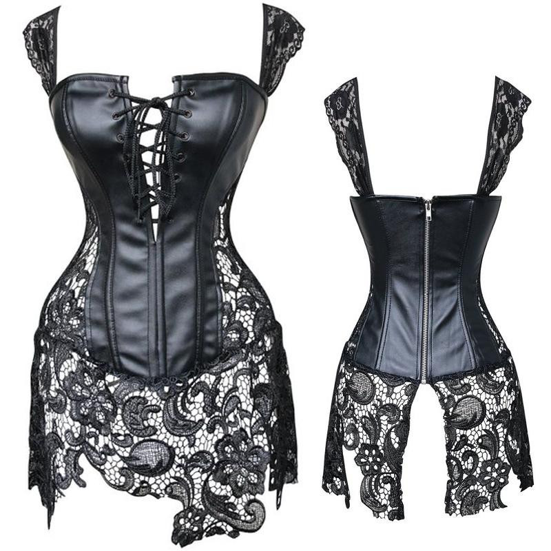 

New Women Steampunk Faux Leather Waist Training Lace up Steel Boned Bustier Top Corset Overbust Brocade Plus Size S-6XL, Black