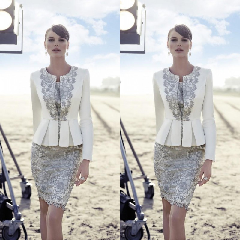 

Carla Ruiz 2019 Mother Of The Bride Dresses Suit with Long Sleeve Jacket Trendy White Satin Silver Lace Knee Length Wedding Guest Dreses