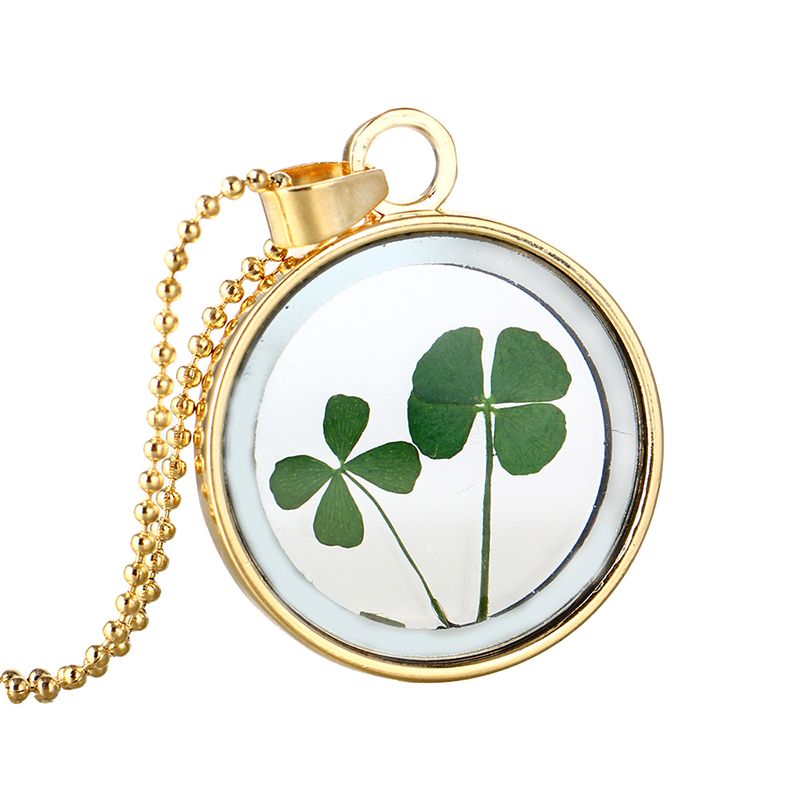

Wholesale-Lucky Clover Shamrock Real Flower Necklace New Fashion DIY Pressed Dried Botanical Necklaces & Pendants For Women