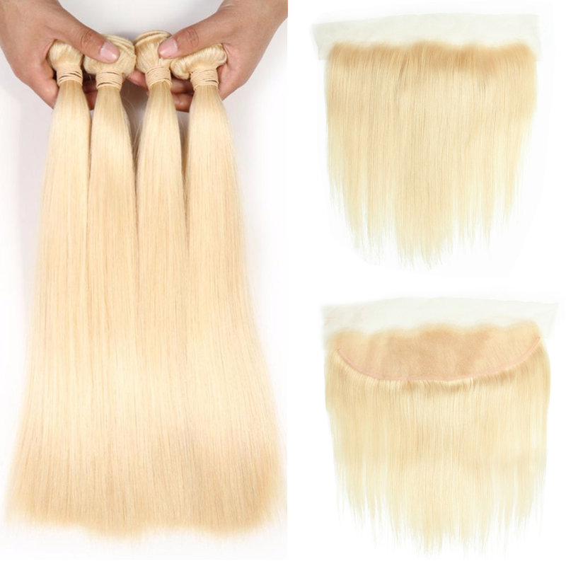 

Brazilian Virgin Hair Silk Straight 4 Bundles with Closure 613 Blond Hair Bundles with Frontal Ear to Ear Lace Frontal Brazilian Virgin Hair, Blonde