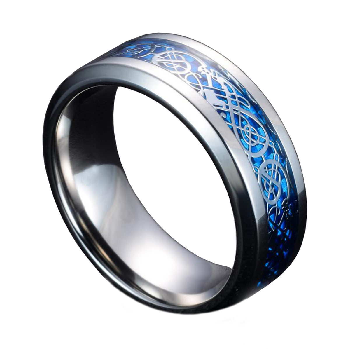 Stainless Steel Ring Celtic Dragon Inlay Comfort Fit Mens Wedding Band for Men Size 7-13#