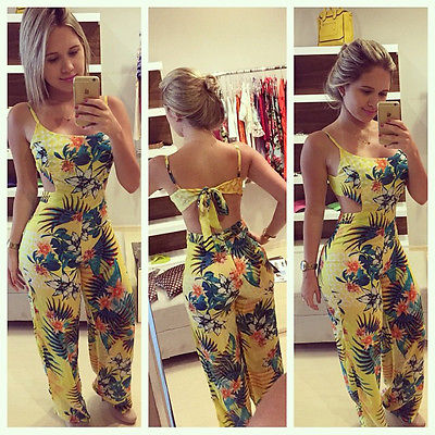 Wholesale- Women Summer Sexy Beach Floral Backless Long Playsuit Jumpsuit Romper-image-405177455