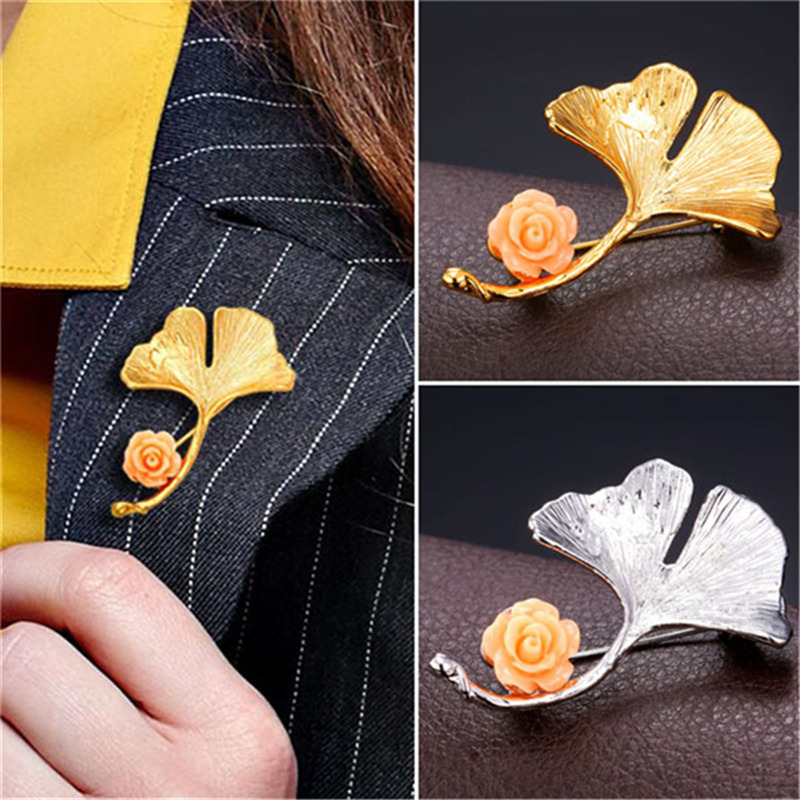 

New Novelty Gingko Leaf Brooch For Women Platinum/18K Real Gold Plated Flower Lapel Pin Broches