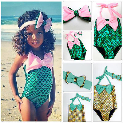 

free ups dhl ship 2016 New Children Girls Little Mermaid Bikini Suit Swimming Costume Swimsuit Swimwear with cute headband 2-7years, Pink