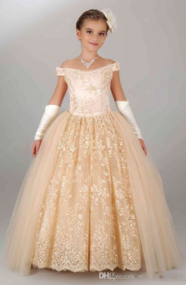 

Ball Gown Little Girls Champagne Lace Off Shoulder Girl's Pageant Dresses 2021 Custom Online Flower Girls Dresses, White