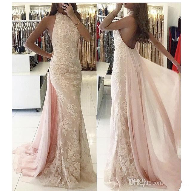 

2017 Arabic Evening Dresses Halter Neck Sleeveless Full Lace Crystal Beaded Open Back Light Pink Prom Dresses Cheap Formal Party Gowns, Gray