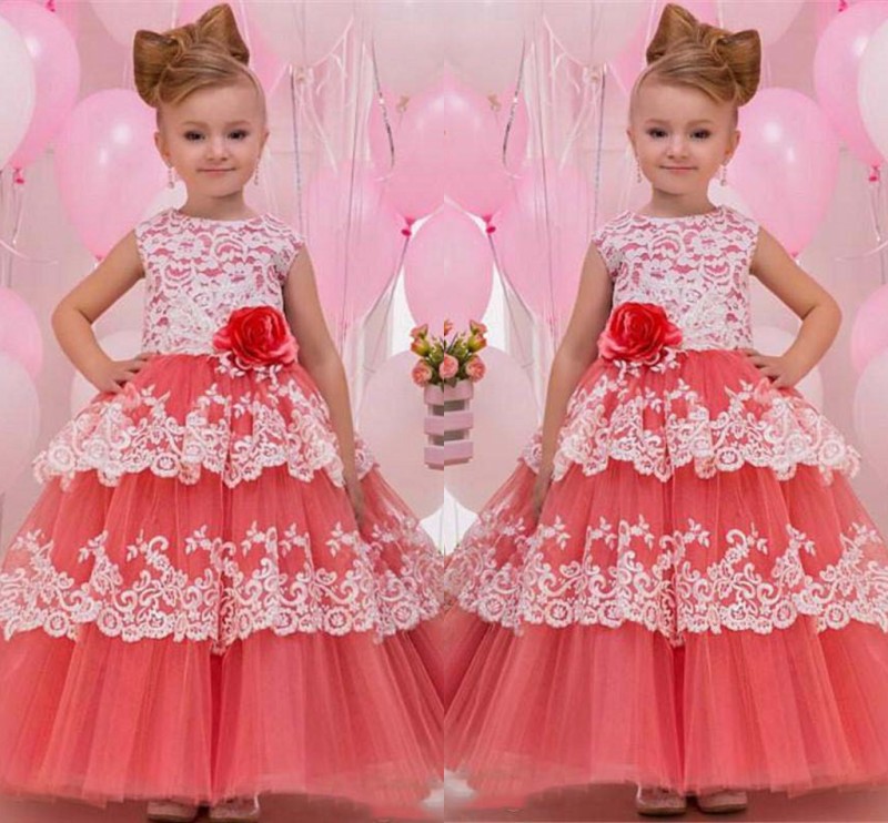 

2017 Watermelon Flower Girls Dresses Ball Gown Handmade Flowers Soft Lace Wedding Girl Wear First Communion Dress Vestido De Daminha, Champagne