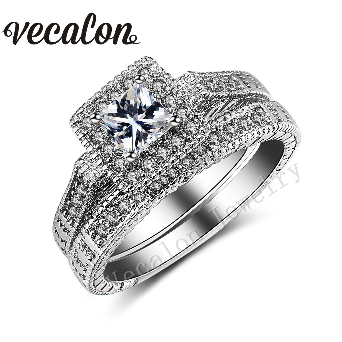 

Vecalon Vintage Wedding Band Ring Set for Women Simulated diamond Cz 10KT White Gold Filled Engagement ring Party Accessories