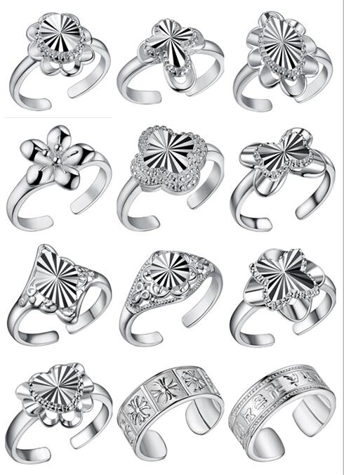 

2018 new Fashion Plated 925 Sterling Silver Ring Can be adjusted Opening Ring Love heart FLOWER Bow Rings mix 12 style 12pcs