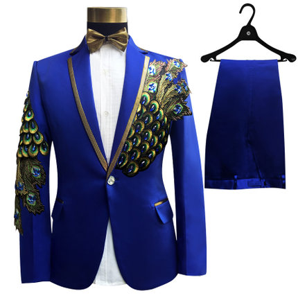 

mens royal blue/black/red peacock beading embroidery tuxedo suit/stage performance jaceket with pants