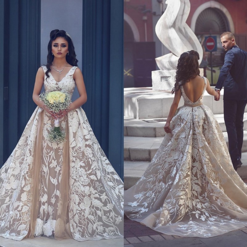 

Deep V Neck Lace Applique Mermaid Wedding Dresses Detachable Train Cheap Vintage Plus Size Bridal Dress Reem Acra Latest Boho Wedding Gown, Pink