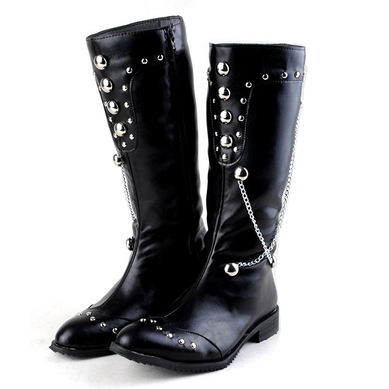 

Fashion Forward Designer Men Boots Black Round Toe Rivets Fashion Boot Cowboy Martin Boot For Men Long Metal Chains PU Leather Boot 38-44