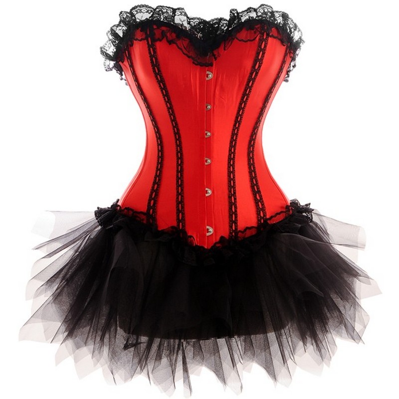 

Plus Size Halloween Christmas Nightclub Red Sweetheart Lace Trim Corset with Mesh Layered TUTU Skirt Dancing Suit Women Dance Corset Outfit, Red 2