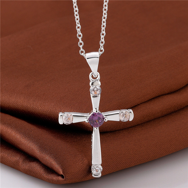 

High grade women's cross shape Pendant Necklace purple gemstone sterling silver plated necklace STSN656,fashion 925 silver necklace free