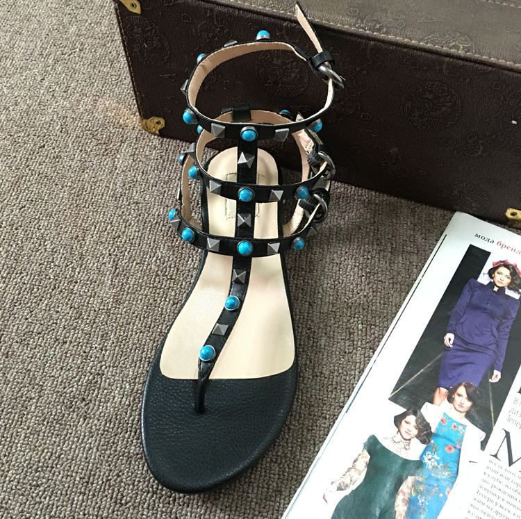 

top quality~ u592 34/40/41 genuine leather gem t strap flat sandals black beige white gladiator casual rivets, Black/ask size first