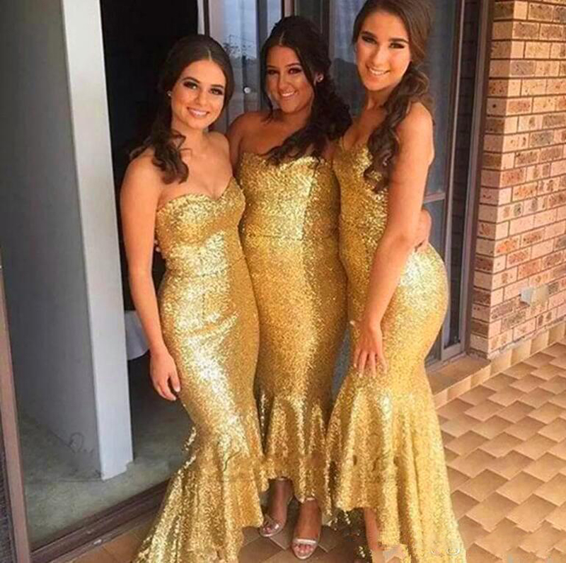 

Country Rose Gold Sequined Bridesmaid Dresses 2017 Mermaid Strapless High Low Bridesmaid Gowns For Garden