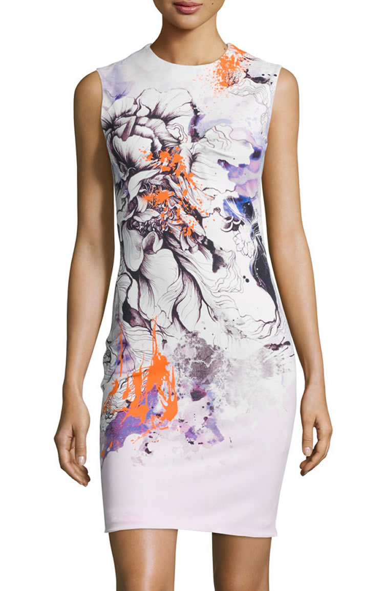 

Fashion Flower Print Women Sheath Dress Round Neck Casual Dresses 074A636, As pictures