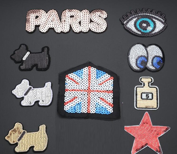 

Iron On Patches DIY sequined Patch sticker For Clothing clothes Fabric Badges Sewing shiny glitter eye dog star flag etc, Black