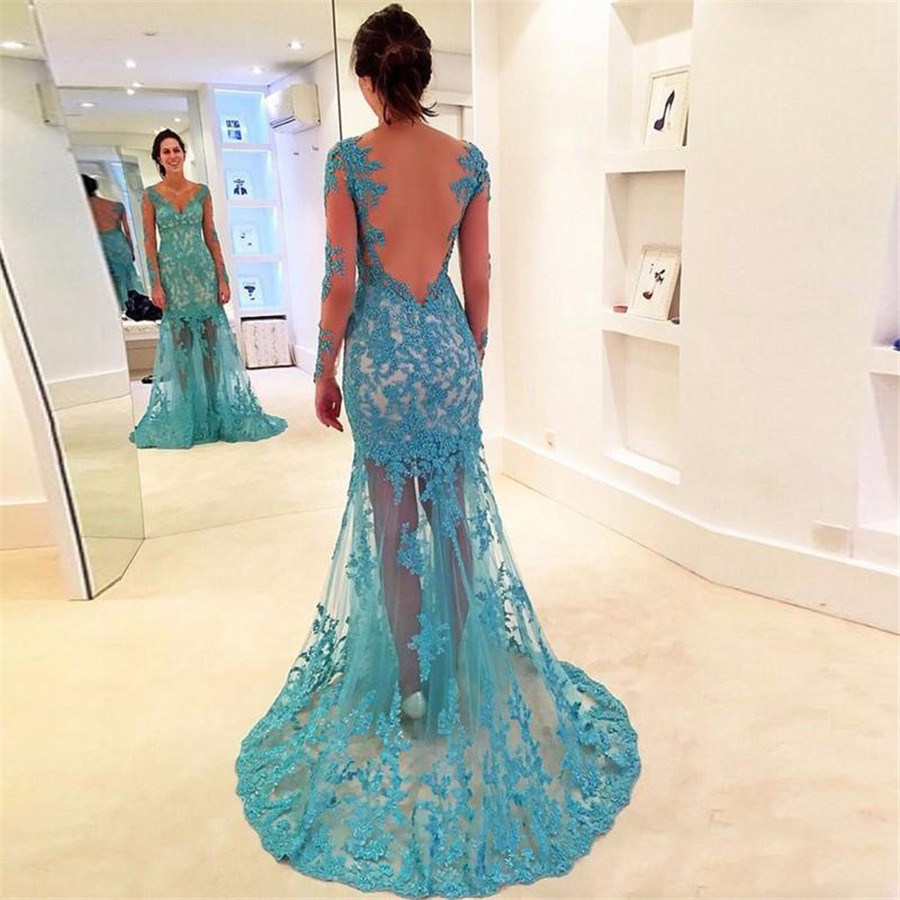 

Elegant Sheer Neck Long Sleeve Backless Tulle Lace Applique Prom Dresses Vestidos De Festa Real Life Mermaid Evening Dresses Long, Yellow