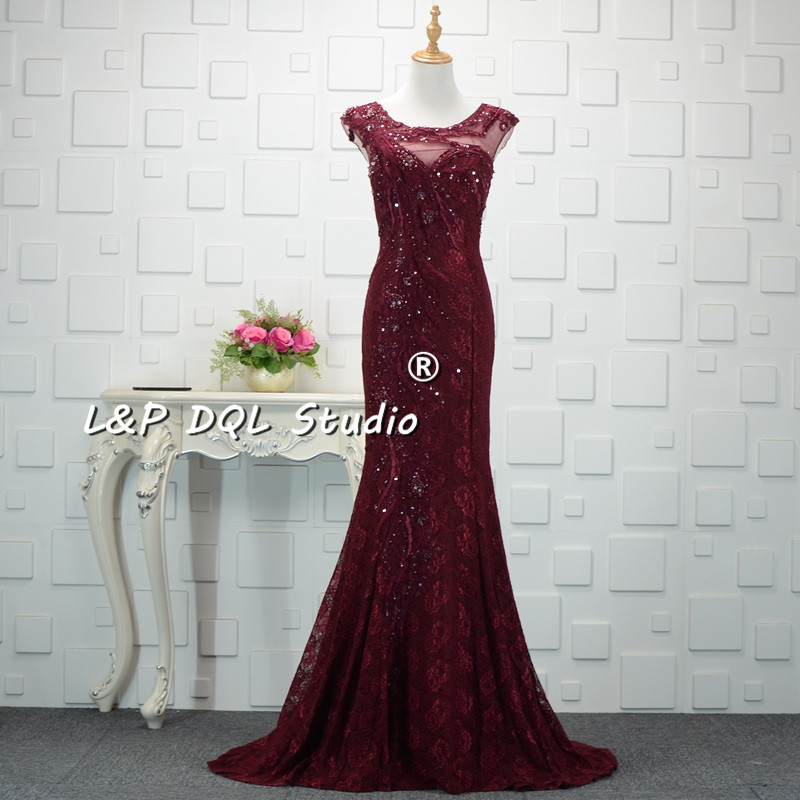 

Sexy Burgundy Evening Dresses LaceMermaid Long Dark Navy Prom Dresses Scoop Illusion Sheer with Applique Sparkling Beads Sequins Side Zipper