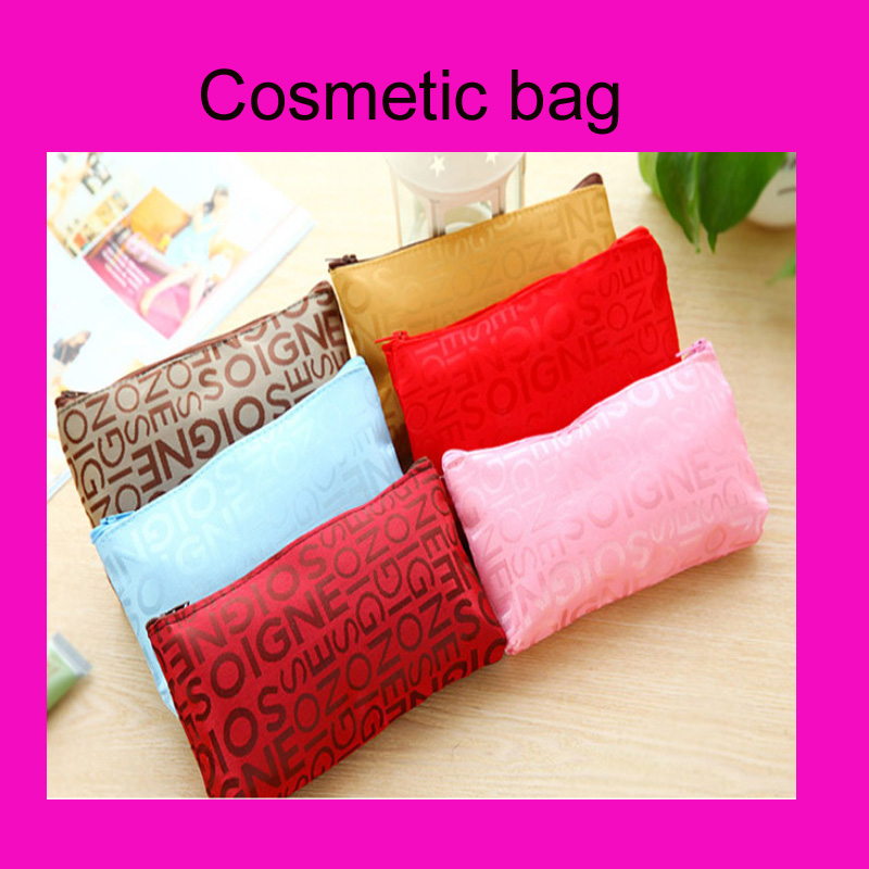 

100pcs/lot Lady Portable Cosmetic Make Up Bag rectangl letter waterproof traveling nylon zipper purses, Multi;random delievey