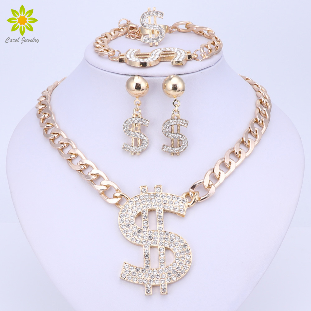 

Gold Plated Hip Hop Bling Bling Dollar Sign Pendant Jewelry Set Dollar With Rhinestone Pendant Necklace Earrings Ring Bracelet