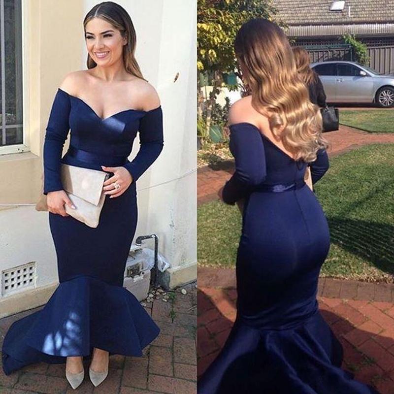 Arabic 2017 New Cheap Special Occasion Prom Dresses Off Shoulder Long Sleeves Mermaid Navy Blue Formal Evening Gowns Hi Lo Pageant Dress 059
