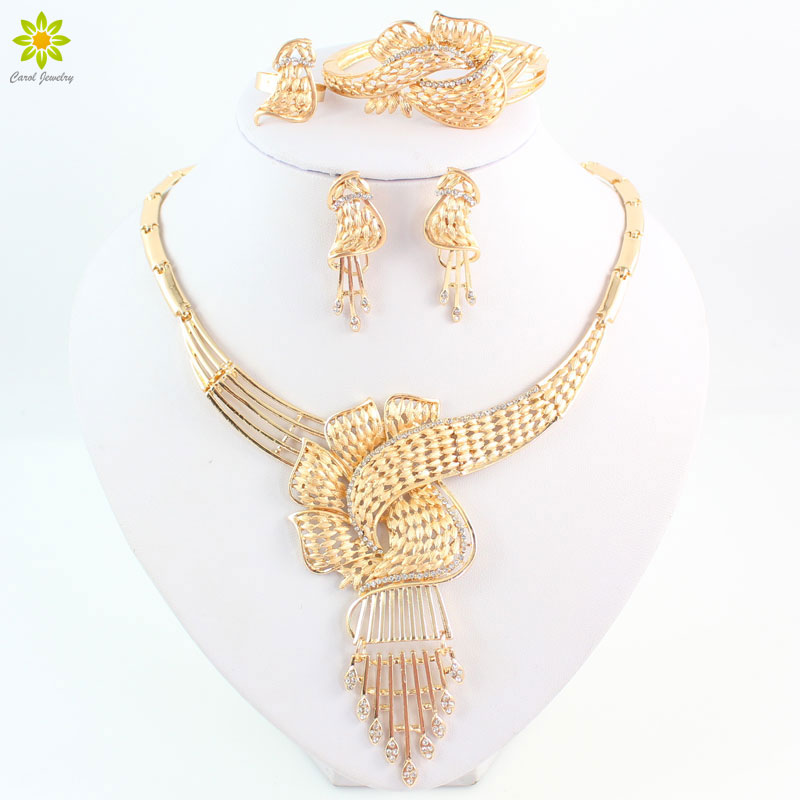 

Hot Fashion African Costume Women Wedding Bridal Jewelry Sets Gold Plated Crystal Necklace Earrings Bracelet Ring Sets