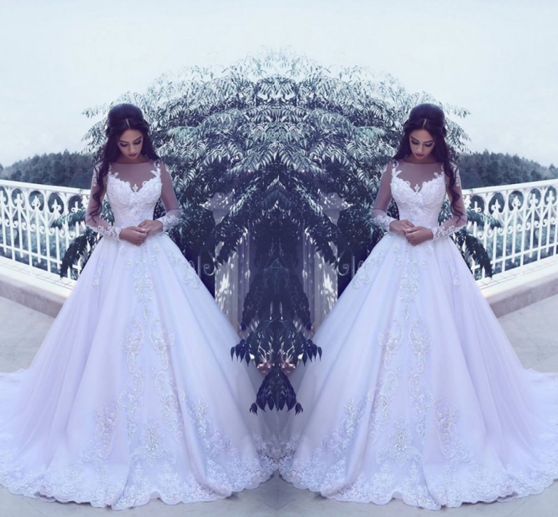 

Said Mhamad Sheer Neck Lace Applique Wedding Dresses 2017 Illusion Long Sleeve A Line Bridal Gowns Sweep Train Custom Made Wedding Vestidos, Black