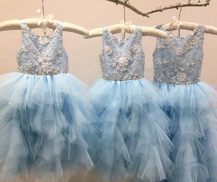 

New Arrival Sleeveless A-Line Sky Blue Tulle Flower Girl Dresses with Appliques Beaded for Wedding Party, White
