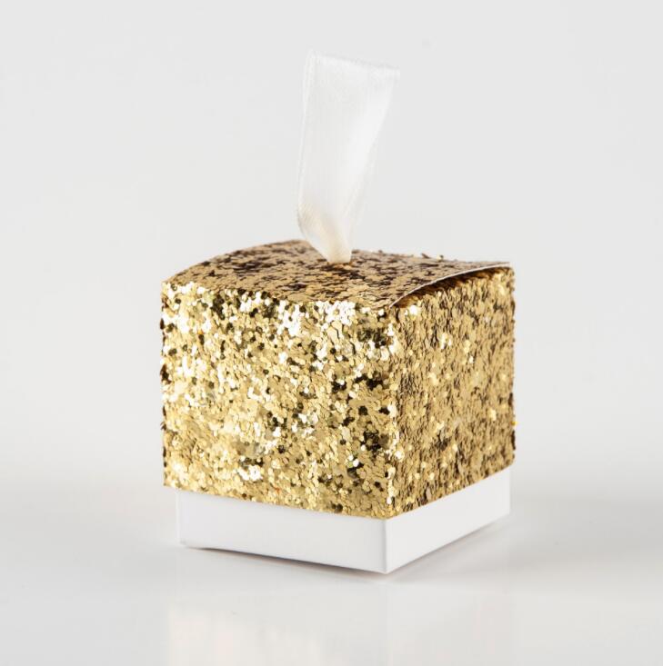 

New Wedding Party Favors And Gifts Candy Box Gold Glitter Favor Boxes With Ribbon For Party 50PCS/lot free shipping