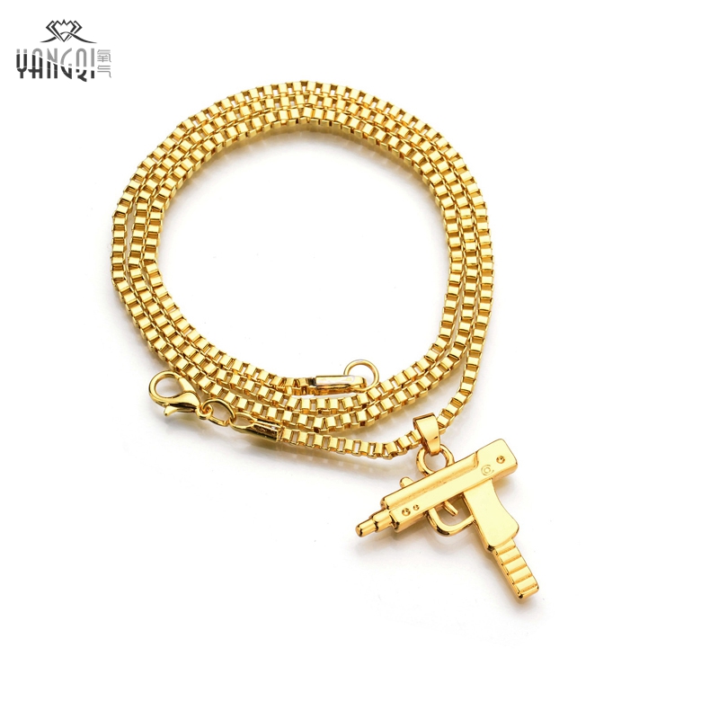 

Hip Hop Jewelry Letter Gun Necklace Silver Gold Color Long Chain Pendant Necklaces HipHop For Men Women Gift