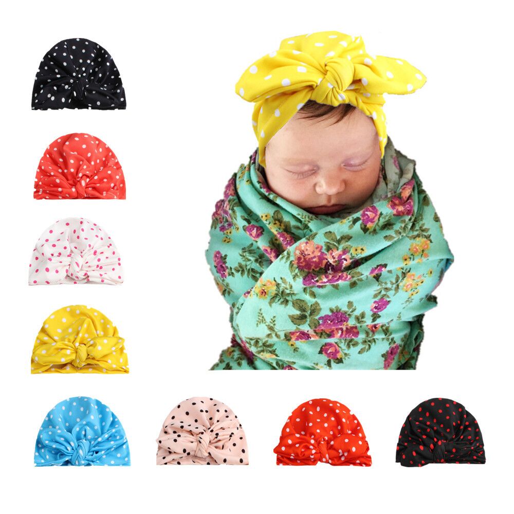 

2017 New arrival! Baby Girls Polka dot Cap stamp Knotted Rabbit Ear Soft Hats Beanies Indian Bohemia Caps Children Spring Autumn Winter, As pic