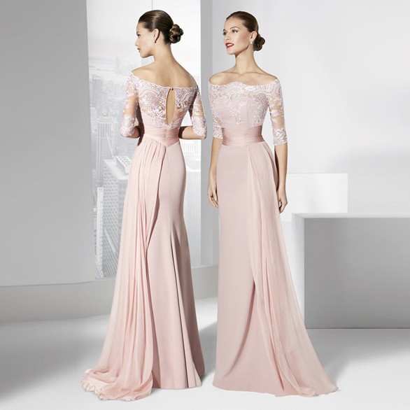 

Elegant Women Lace A-Line Prom Dresses Off Shoulder 1/2 Sleeve Back Keyhole Vestidos De Festa Wtih Sash Chiffon Ruffle Party Evening Gowns, Fuchsia