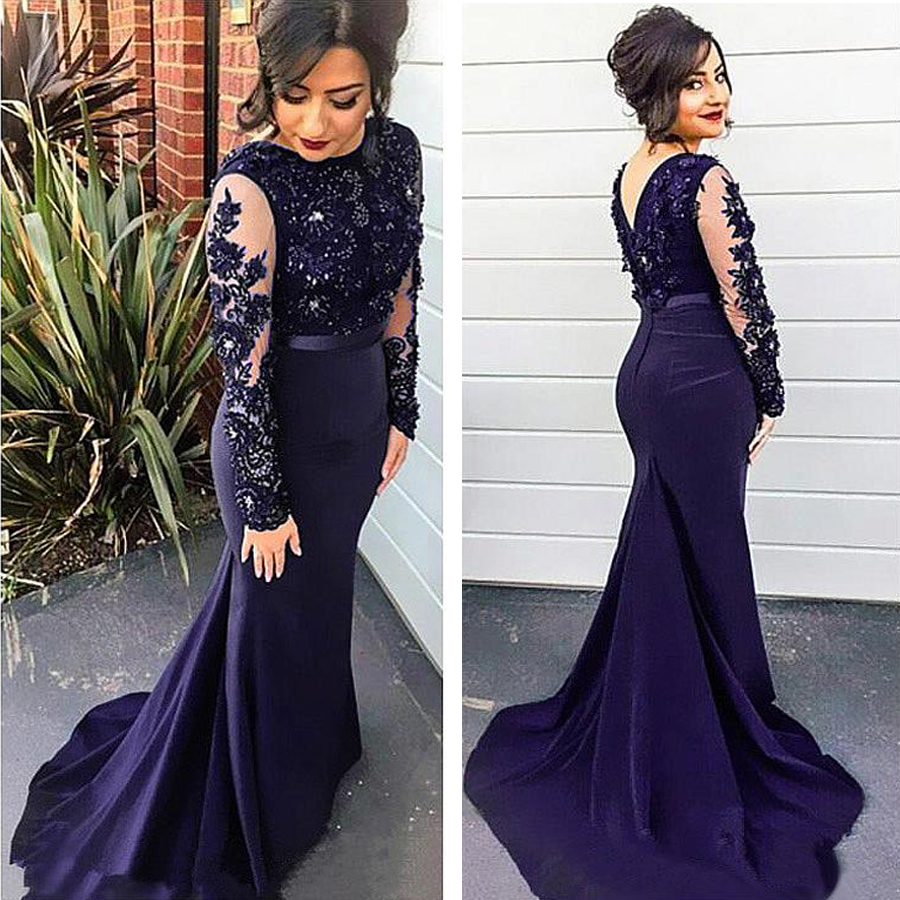 

Jewel Neckline Mermaid Evening Dresses With Lace Appliques Hand Beading Dark Blue Long Sleeves Prom Dress vestidos longos de festa, Light purple